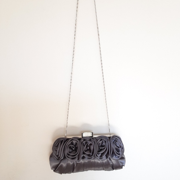 Laura Purple Gray Satin  Clutch with Rosette Accents - Picture 3 of 6